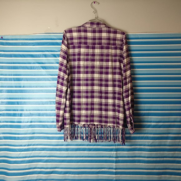 Purple Gingham plaid Western Fringed hem Long sleeve Button down Shirt, M - Picture 7 of 8